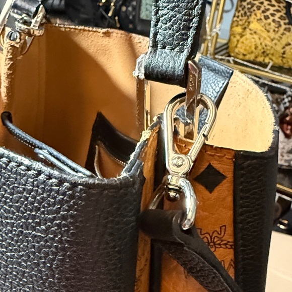 MCM Sarah Black Calfskin Leather & Cognac Visetos Hobo Shoulder Crossbody Bag - Picture 12 of 14